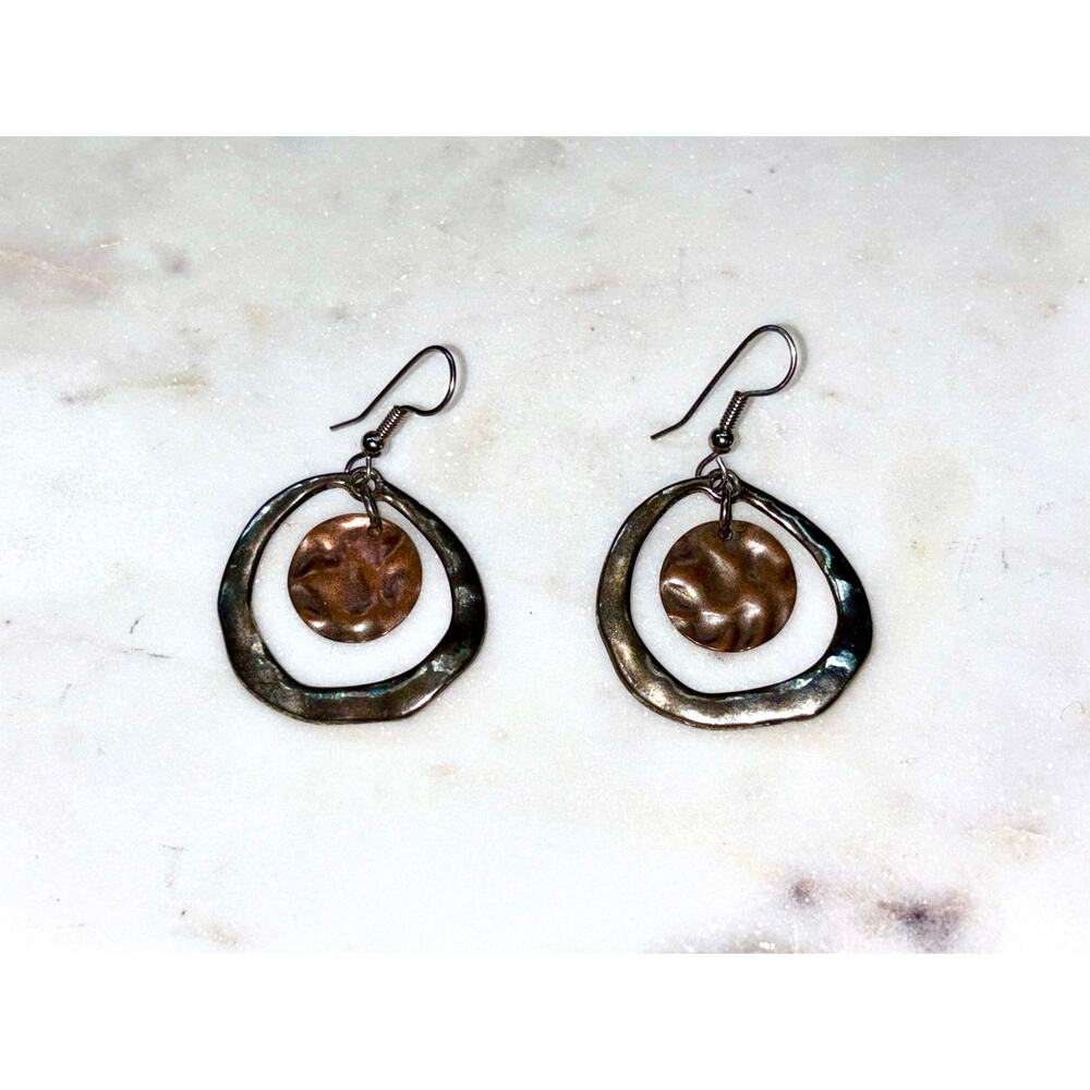 Antique Style Hammered Silver Tone and Bronze Dangle Hoop Earrings